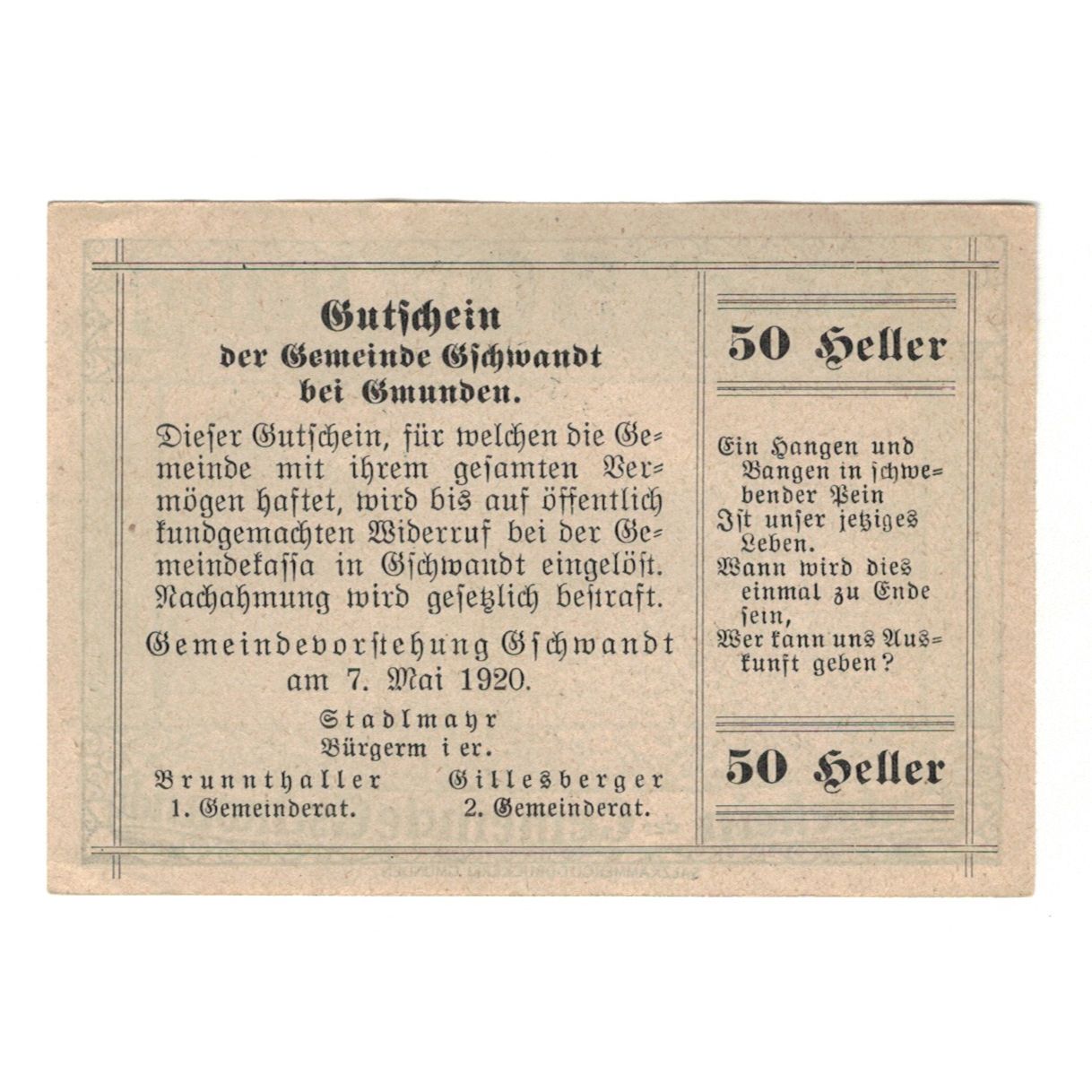 Banknote, Austria, Gschwandt O.Ö. Gemeinde, 50 Heller, texte 1, 1920