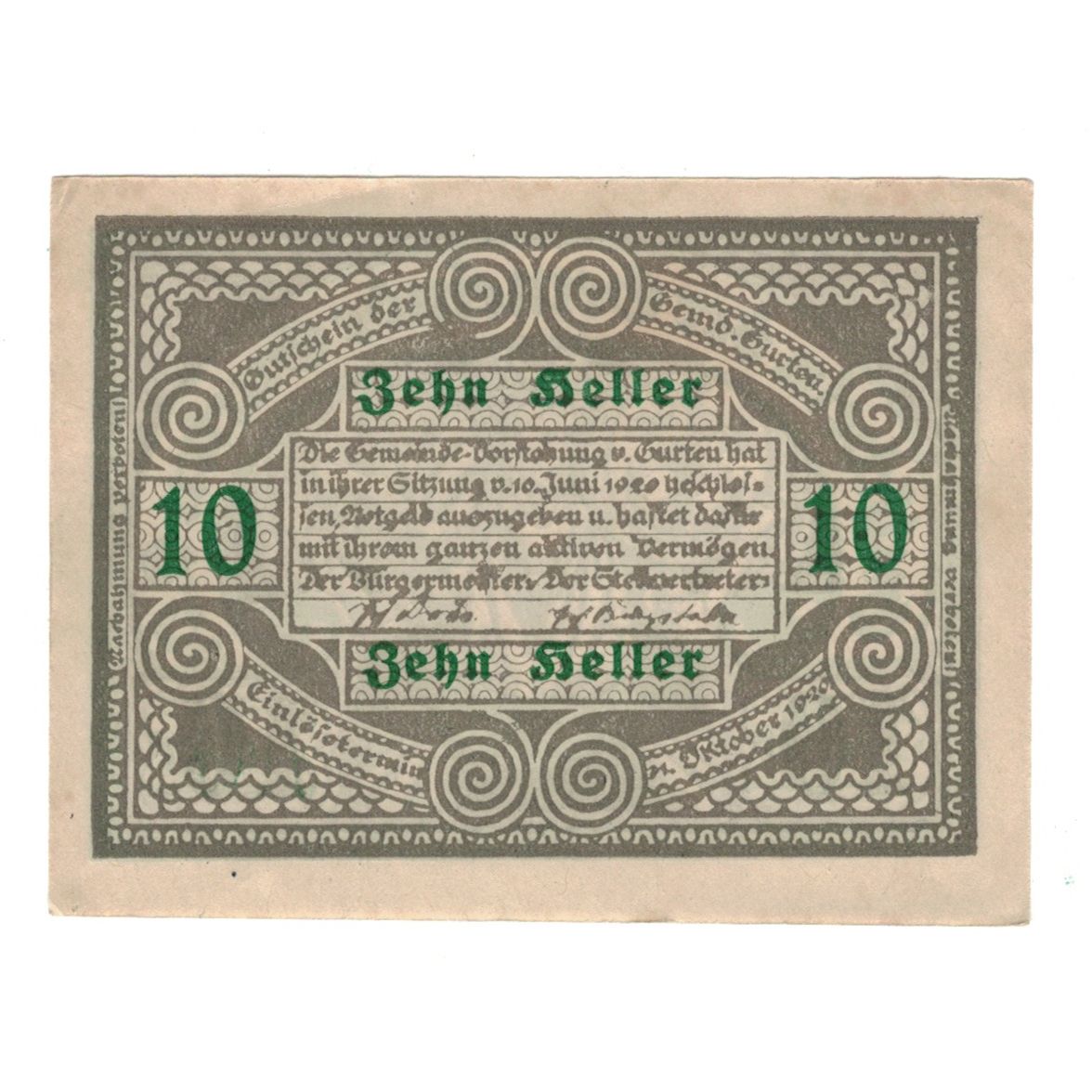 Billet, Autriche, Gurten O.Ö. Gemeinde, 10 Heller, personnage, 1920