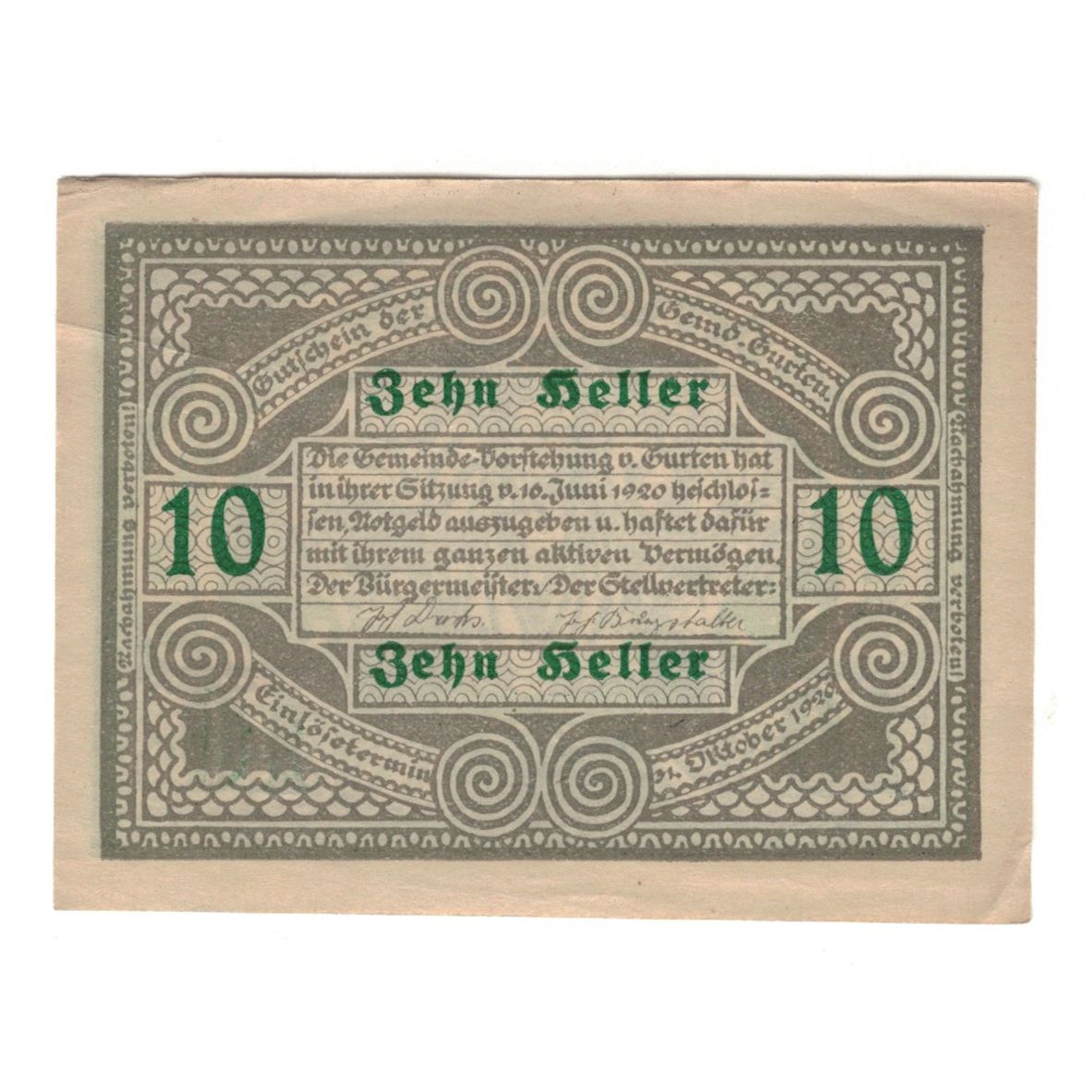 Billet, Autriche, Gurten O.Ö. Gemeinde, 10 Heller, personnage 1, 1920