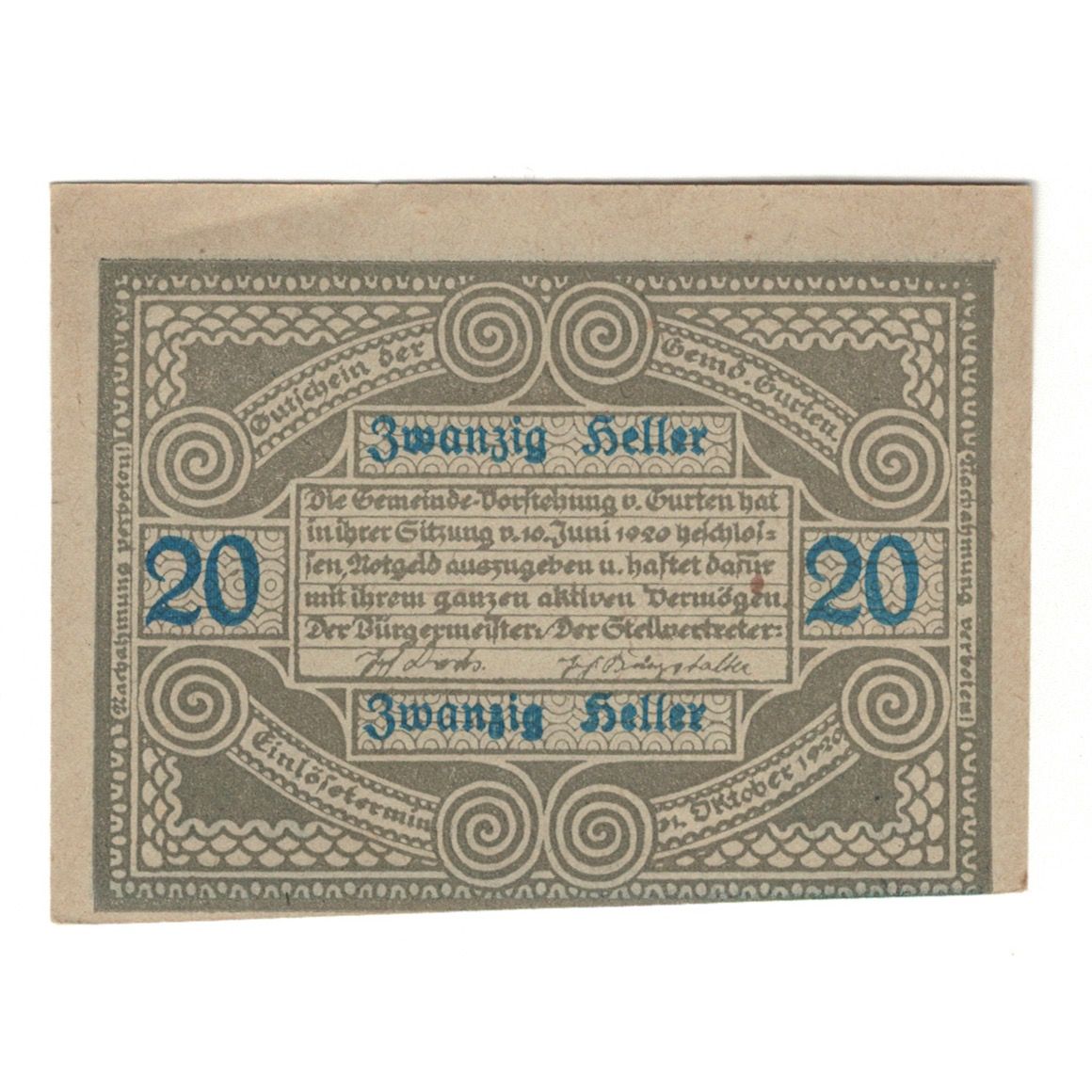 Billet, Autriche, Gurten O.Ö. Gemeinde, 20 Heller, personnage, 1920