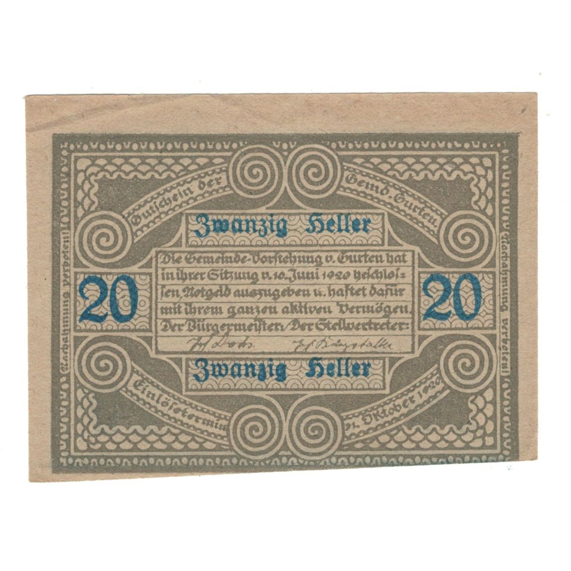 Billet, Autriche, Gurten O.Ö. Gemeinde, 20 Heller, personnage 1, 1920
