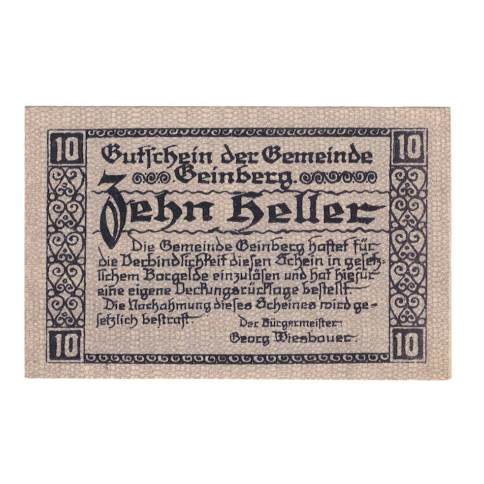 Billete, Austria, Geinberg O.Ö. Gemeinde, 10 Heller, paysage, 1920, 1920-08-31