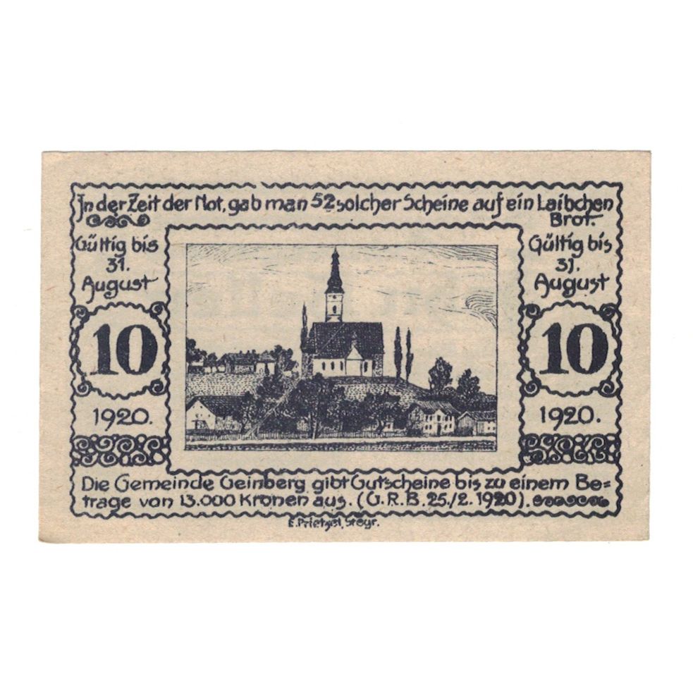 Billete, Austria, Geinberg O.Ö. Gemeinde, 10 Heller, paysage, 1920, 1920-08-31