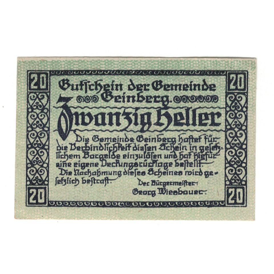 Billet, Autriche, Geinberg O.Ö. Gemeinde, 20 Heller, paysage, 1920, 1920-08-31