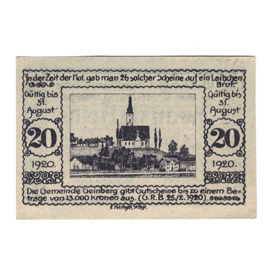 Billet, Autriche, Geinberg O.Ö. Gemeinde, 20 Heller, paysage, 1920, 1920-08-31
