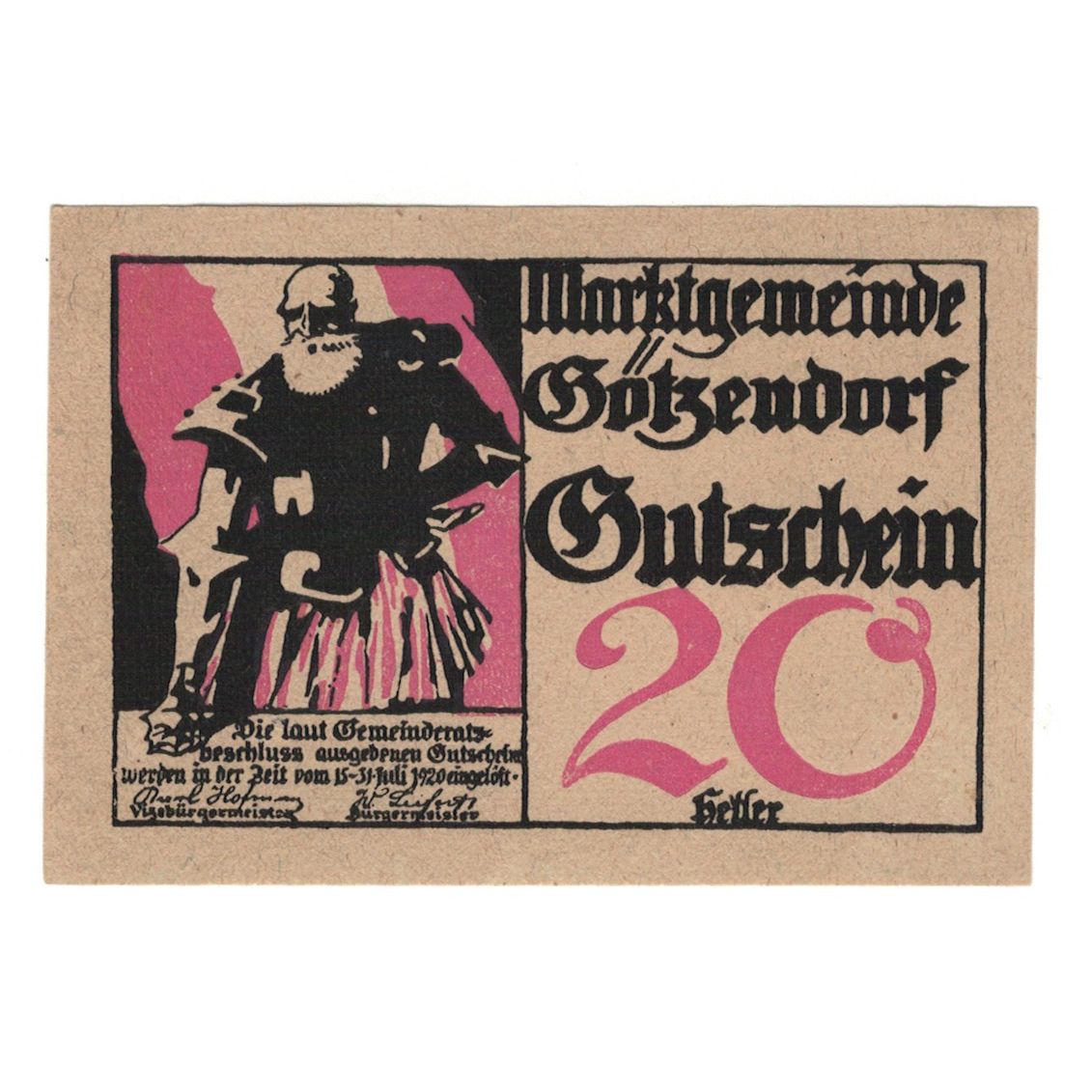 Nota, Áustria, Götzendorf N.Ö. Marktgemeinde, 20 Heller, N.D, 1920