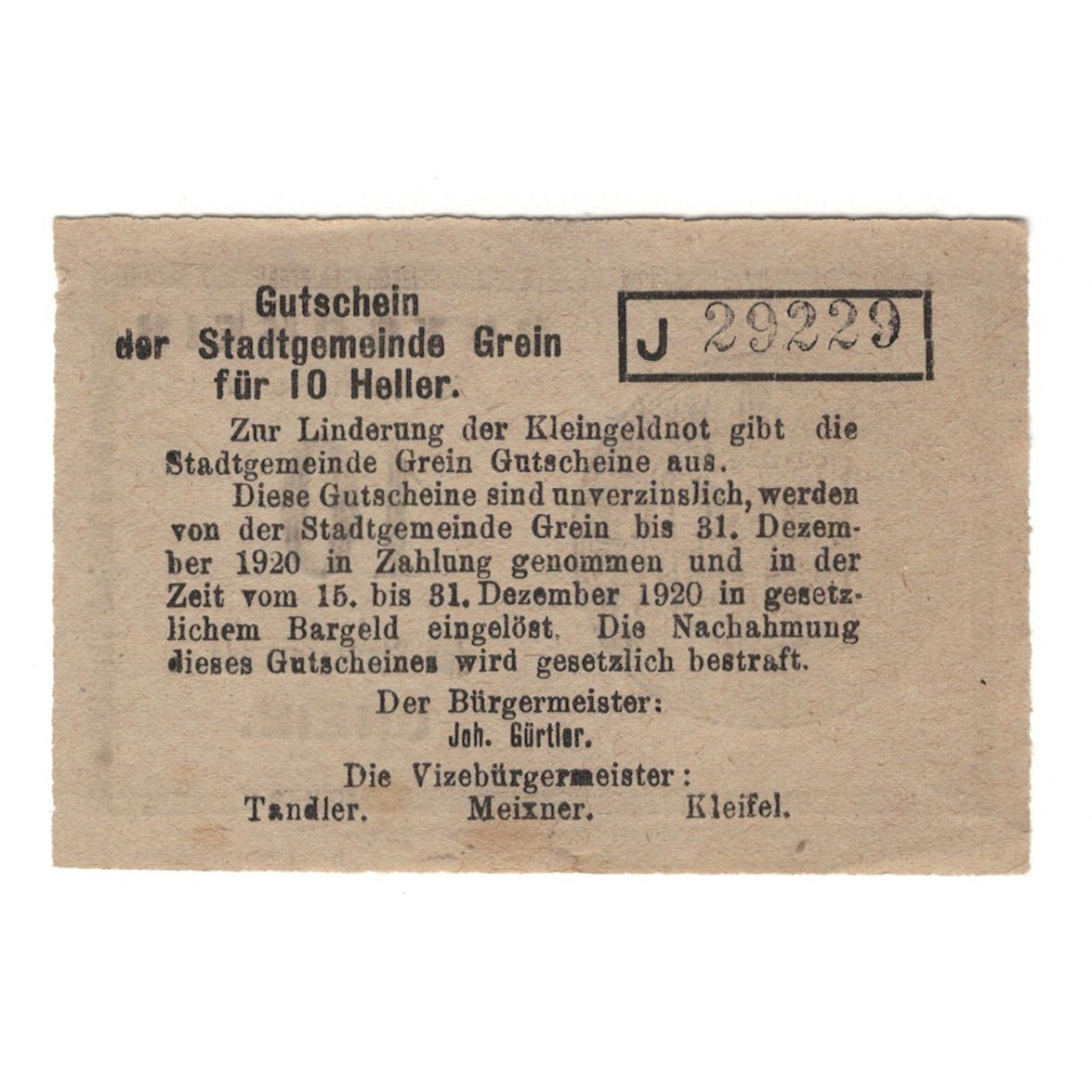 Billet, Autriche, Grein O.Ö. Stadtgemeinde, 10 Heller, Texte, 1920, 1920-12-31