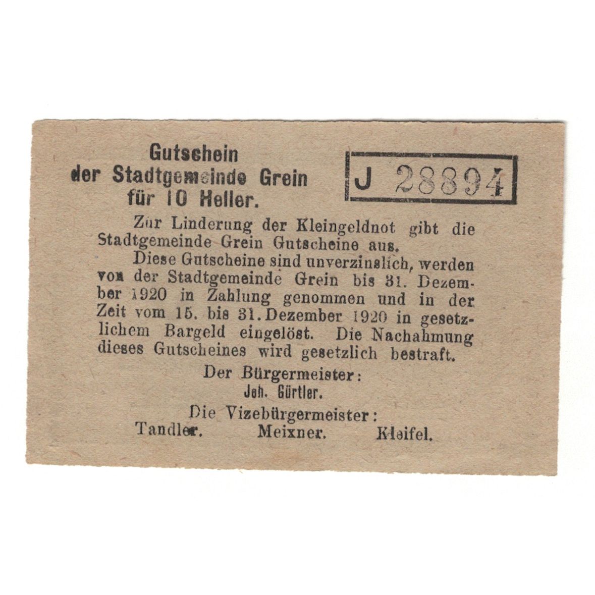 Billete, Austria, Grein O.Ö. Stadtgemeinde, 10 Heller, texte 1, 1920