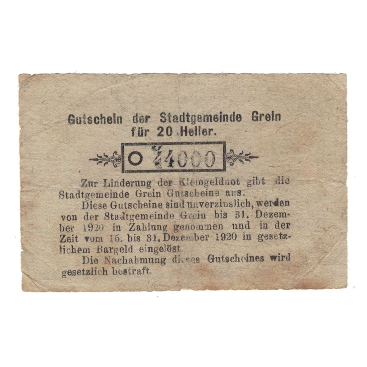 Banconote, Austria, Grein O.Ö. Stadtgemeinde, 20 Heller, Texte, 1920