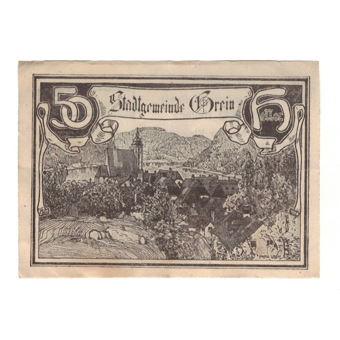 Billet, Autriche, Grein O.Ö. Stadtgemeinde, 50 Heller, Texte, 1920, 1920-12-31