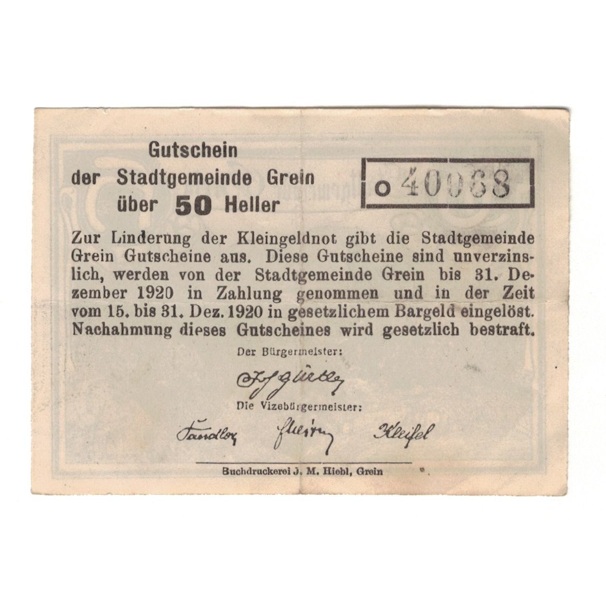 Billet, Autriche, Grein O.Ö. Stadtgemeinde, 50 Heller, Texte, 1920, 1920-12-31