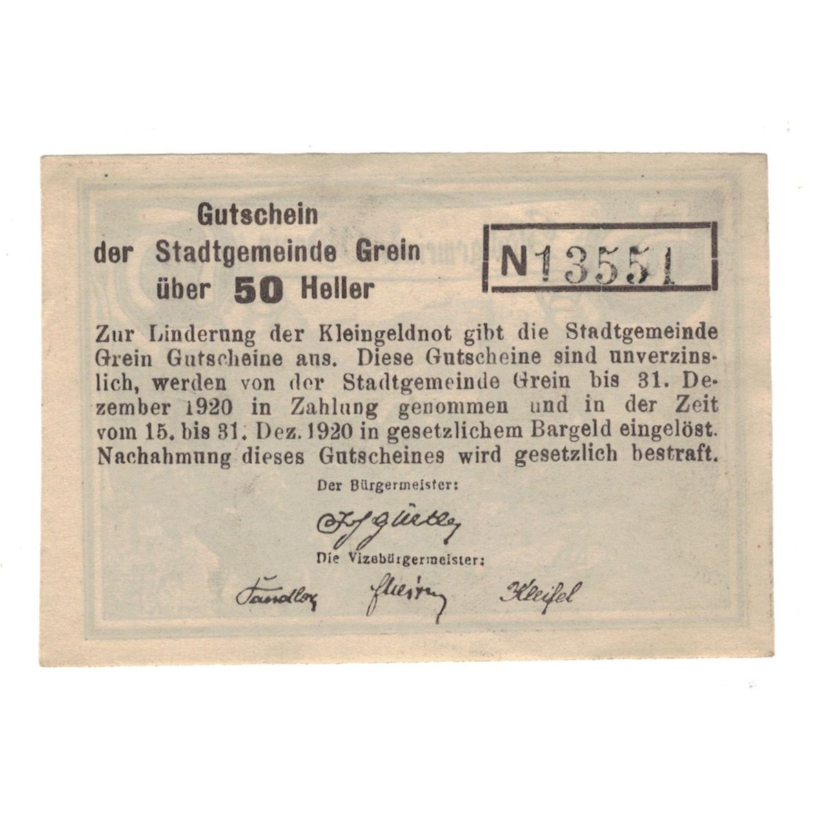 Banknot, Austria, Grein O.Ö. Stadtgemeinde, 50 Heller, texte 1, 1920
