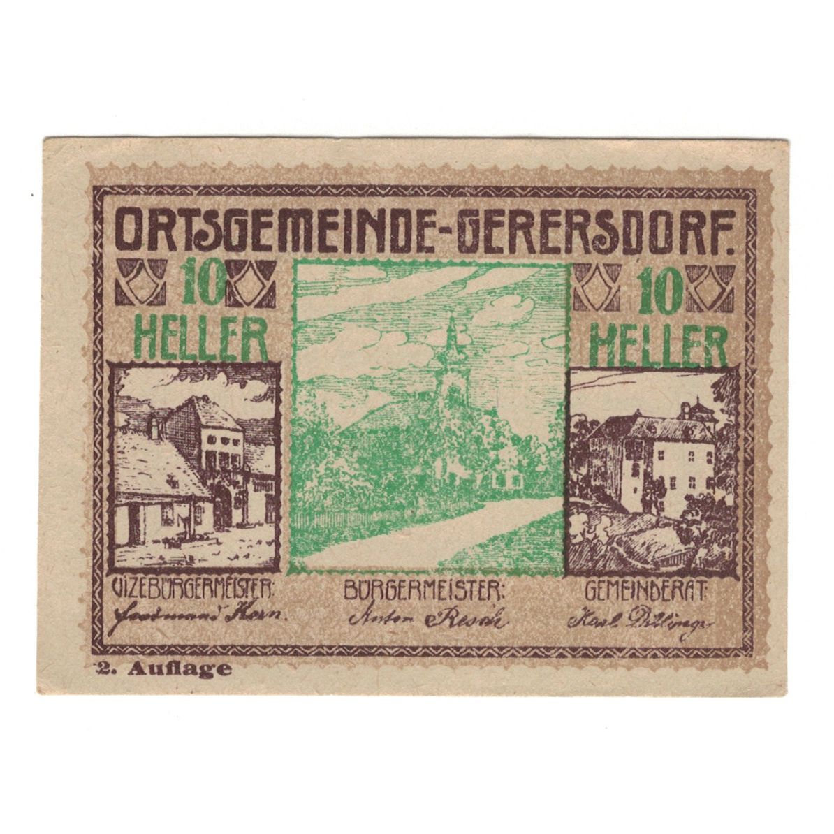 Billet, Autriche, Gerersdorf N.Ö. Ortsgemeinde, 10 Heller, Texte, 1920