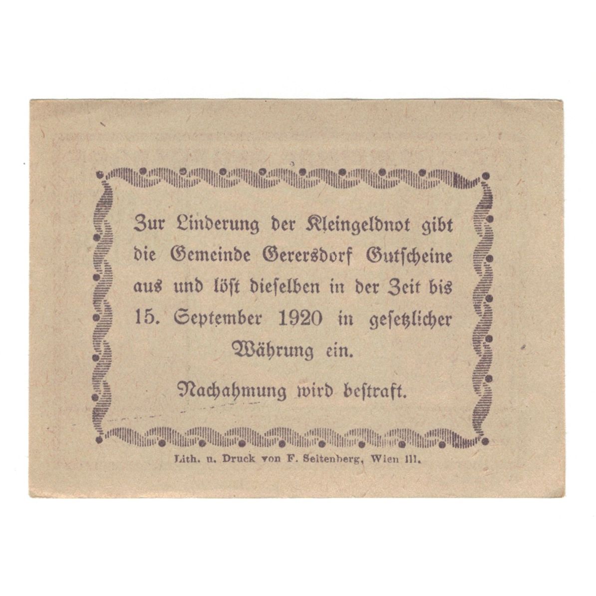 Billet, Autriche, Gerersdorf N.Ö. Ortsgemeinde, 10 Heller, Texte, 1920