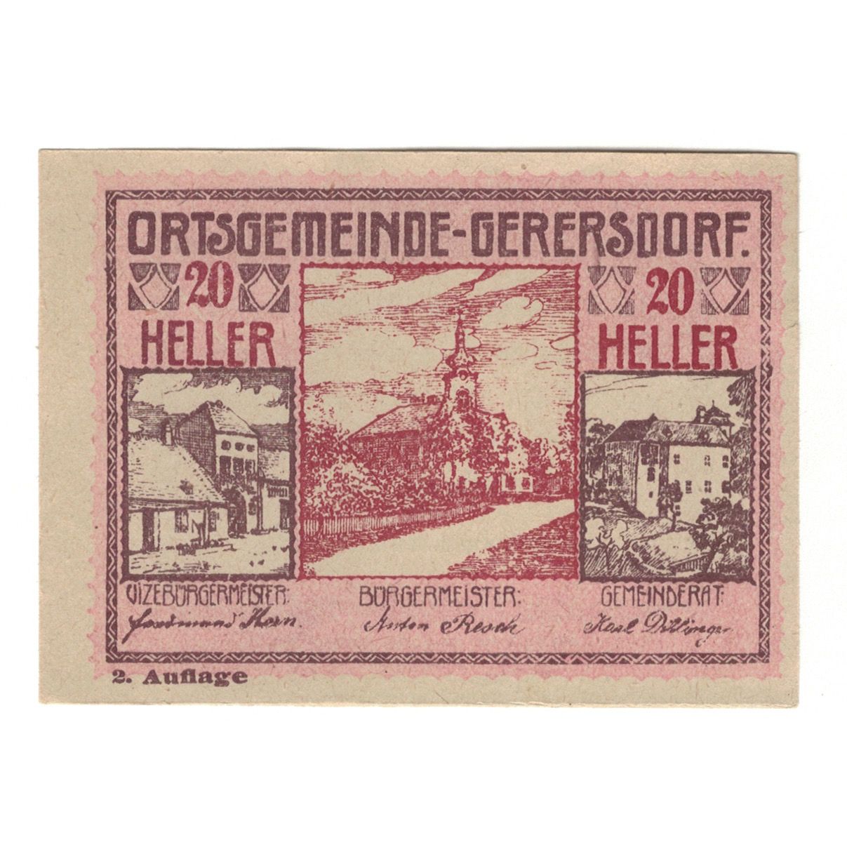 Billet, Autriche, Gerersdorf N.Ö. Ortsgemeinde, 20 Heller, Texte, 1920
