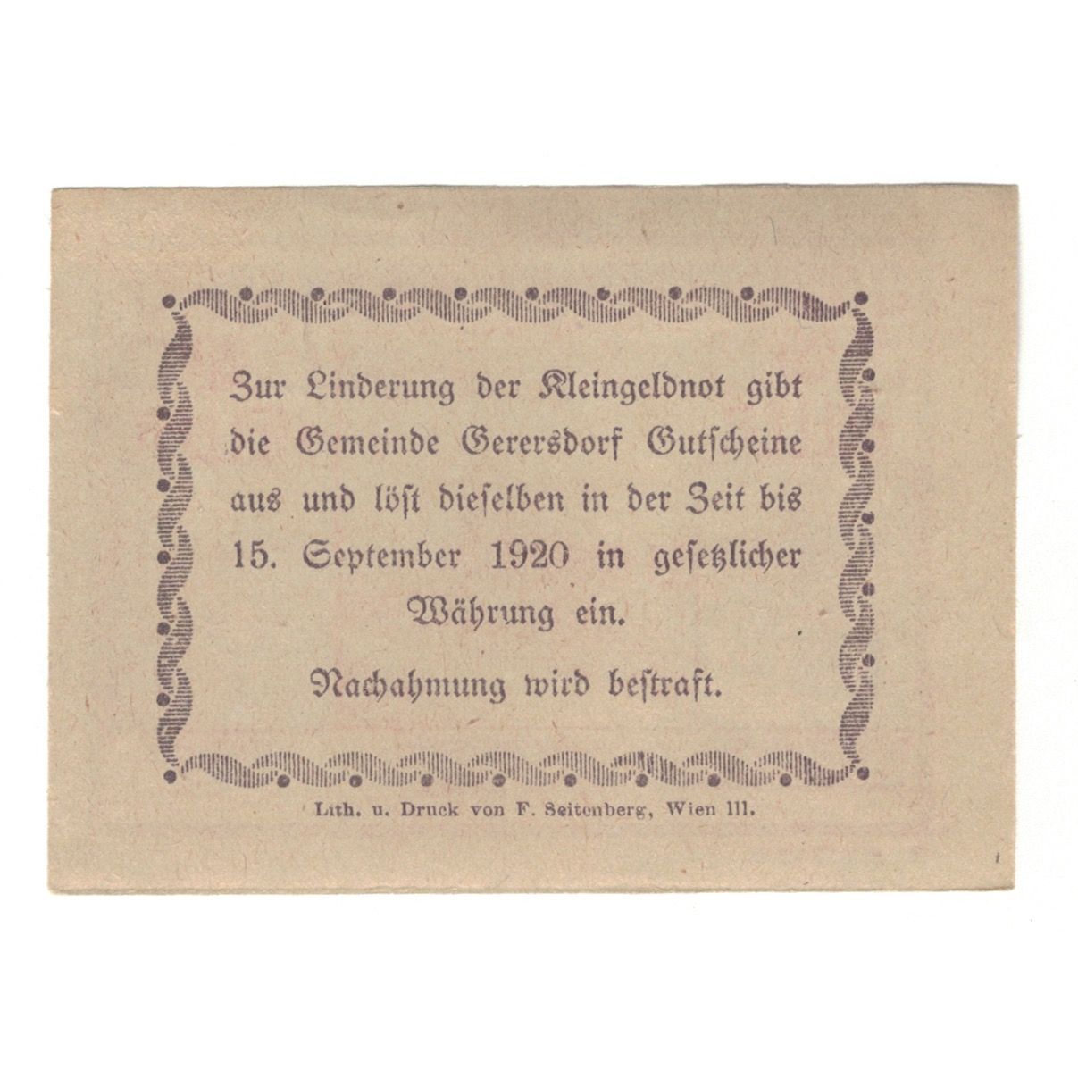 Billet, Autriche, Gerersdorf N.Ö. Ortsgemeinde, 20 Heller, Texte, 1920