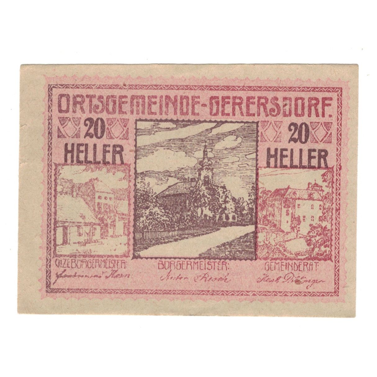 Billet, Autriche, Gerersdorf N.Ö. Ortsgemeinde, 20 Heller, texte 1, 1920
