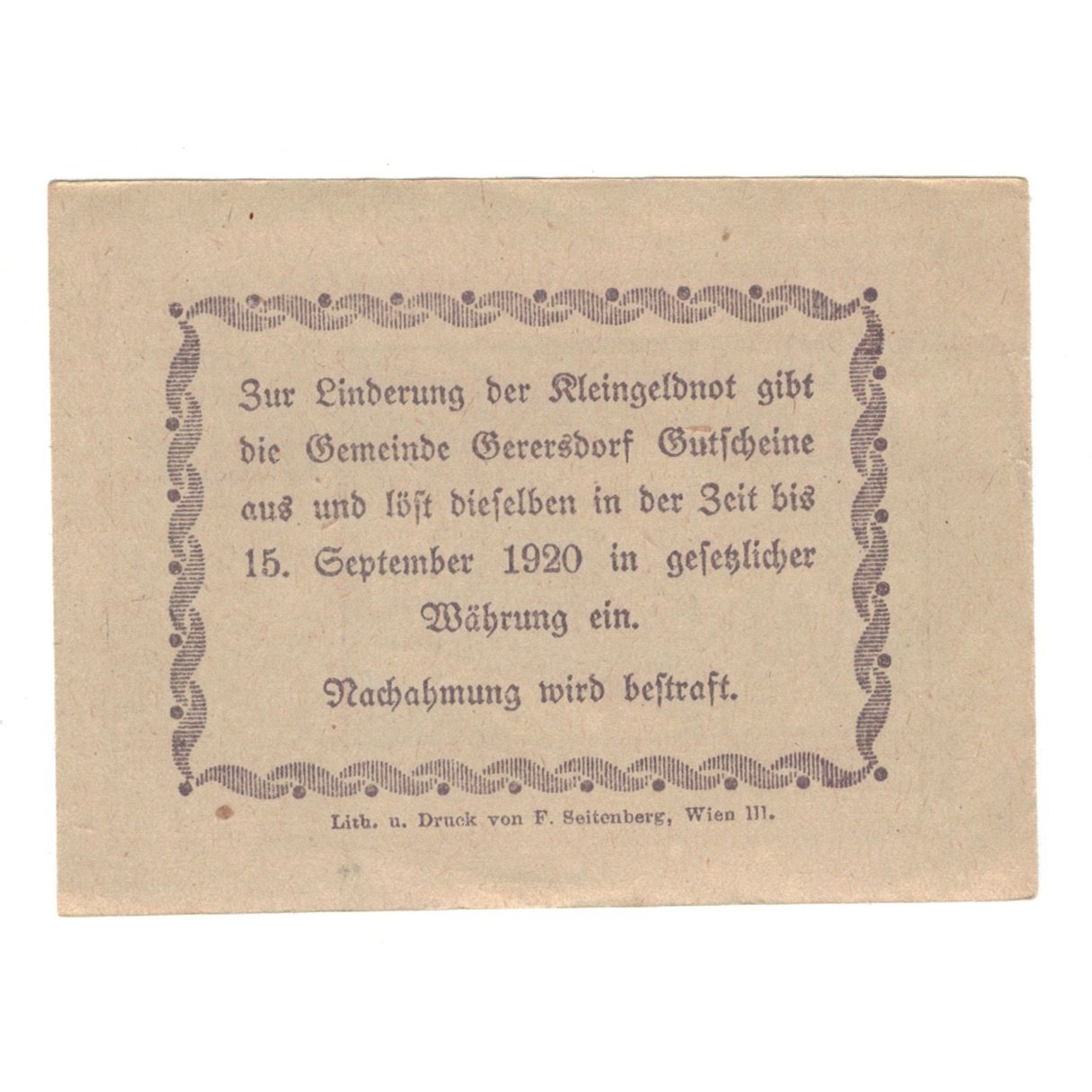 Billet, Autriche, Gerersdorf N.Ö. Ortsgemeinde, 20 Heller, texte 1, 1920