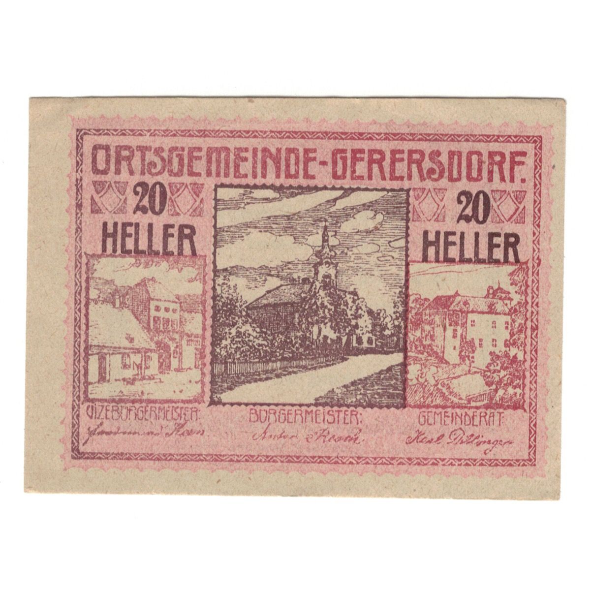Billet, Autriche, Gerersdorf N.Ö. Ortsgemeinde, 20 Heller, Texte 2, 1920