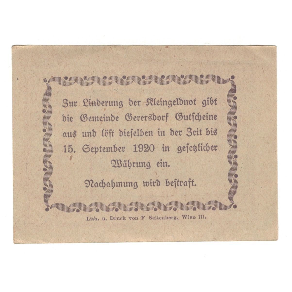 Billet, Autriche, Gerersdorf N.Ö. Ortsgemeinde, 20 Heller, Texte 2, 1920