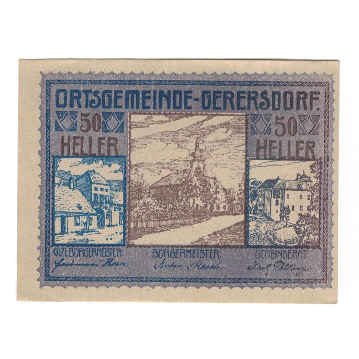 Billet, Autriche, Gerersdorf N.Ö. Ortsgemeinde, 50 Heller, Texte, 1920