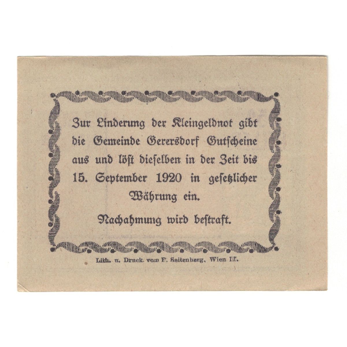 Billet, Autriche, Gerersdorf N.Ö. Ortsgemeinde, 50 Heller, Texte, 1920