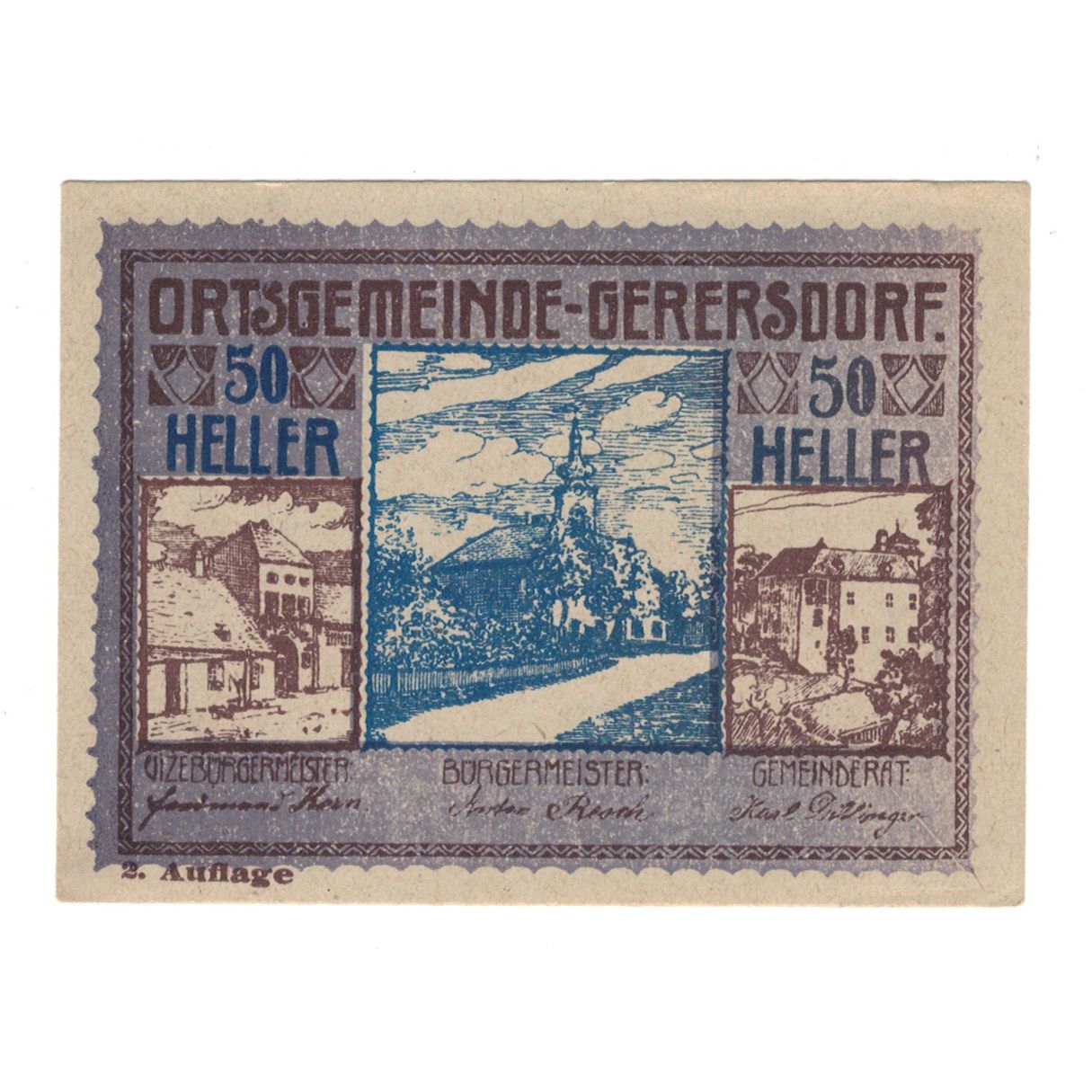 Billet, Autriche, Gerersdorf N.Ö. Ortsgemeinde, 50 Heller, texte 1, 1920