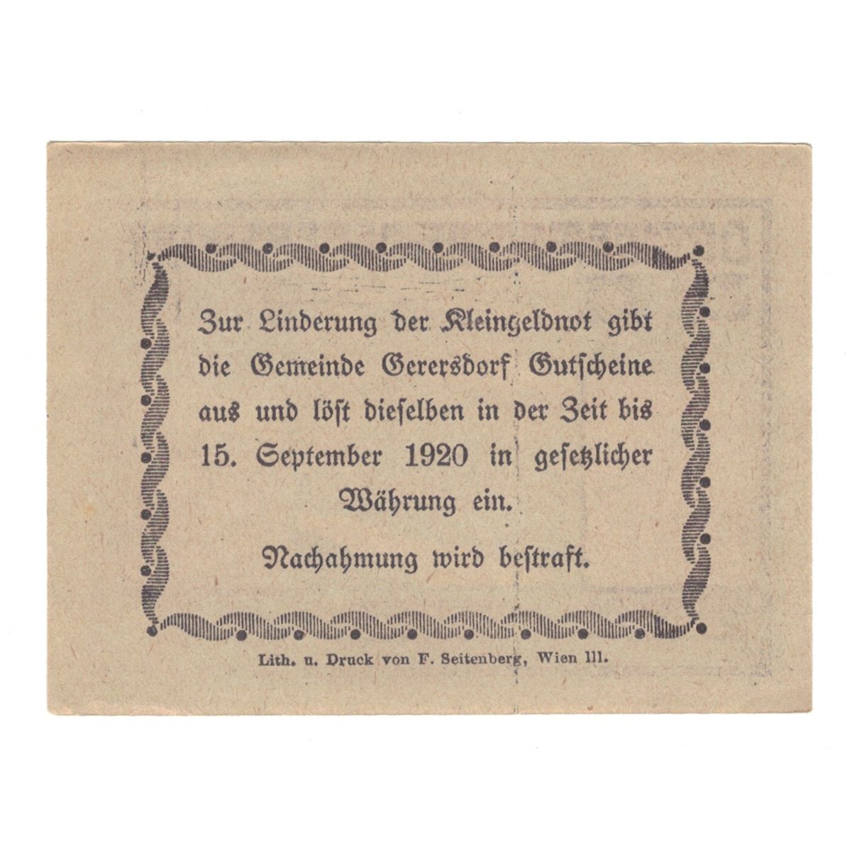 Billet, Autriche, Gerersdorf N.Ö. Ortsgemeinde, 50 Heller, texte 1, 1920