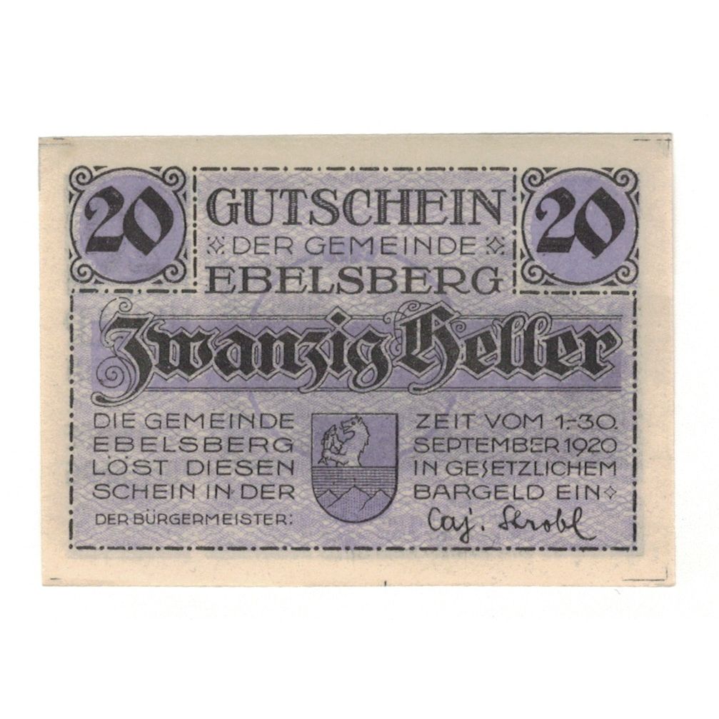 Billet, Autriche, Ebelsberg O.Ö. Gemeinde, 20 Heller, Batiment, 1920