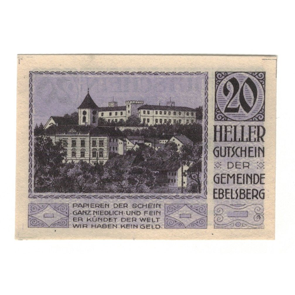 Billet, Autriche, Ebelsberg O.Ö. Gemeinde, 20 Heller, Batiment, 1920