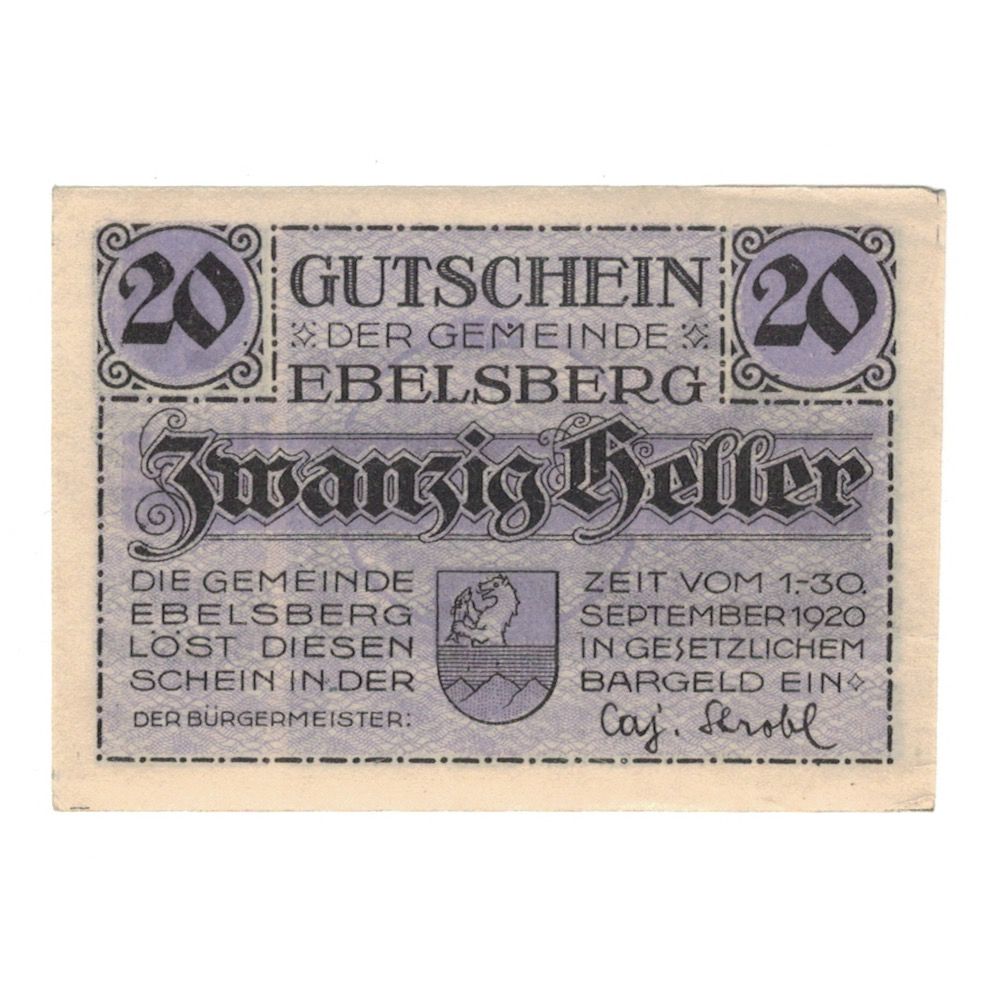 Billet, Autriche, Ebelsberg O.Ö. Gemeinde, 20 Heller, batiment 1, 1920