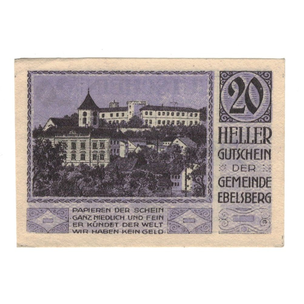 Billet, Autriche, Ebelsberg O.Ö. Gemeinde, 20 Heller, batiment 1, 1920