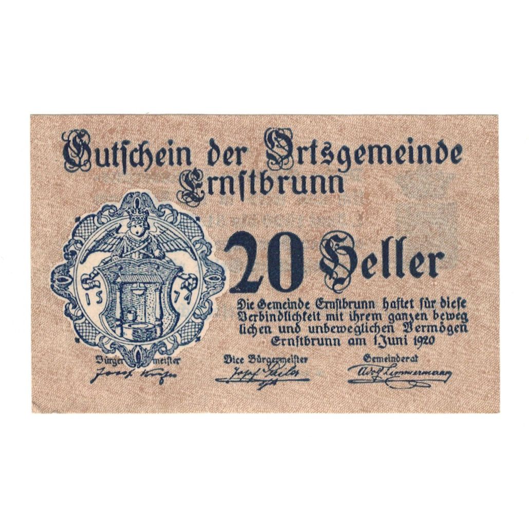 Billet, Autriche, Ernstbrunn N.Ö. Ortsgemeinde, 20 Heller, Texte, 1921