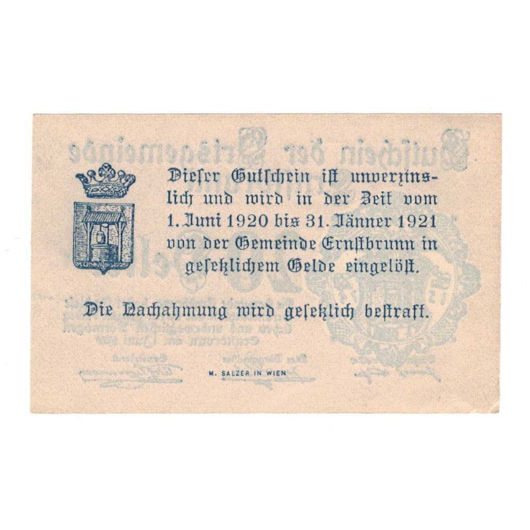 Billet, Autriche, Ernstbrunn N.Ö. Ortsgemeinde, 20 Heller, Texte, 1921