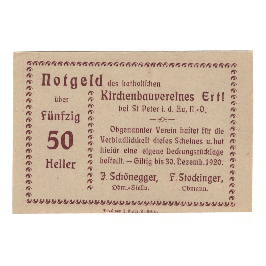 Banknote, Austria, Ertl N.Ö. Prv. Katholischer Kirchenbauverein Ertl, 50