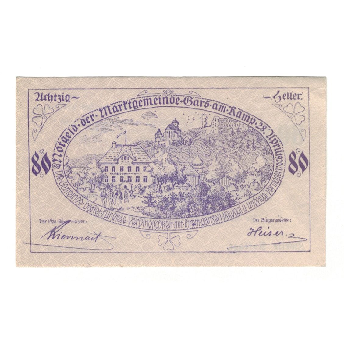 Billet, Autriche, Gars am Kamp N.Ö. Marktgemeinde, 80 Heller, texte 1, 1920