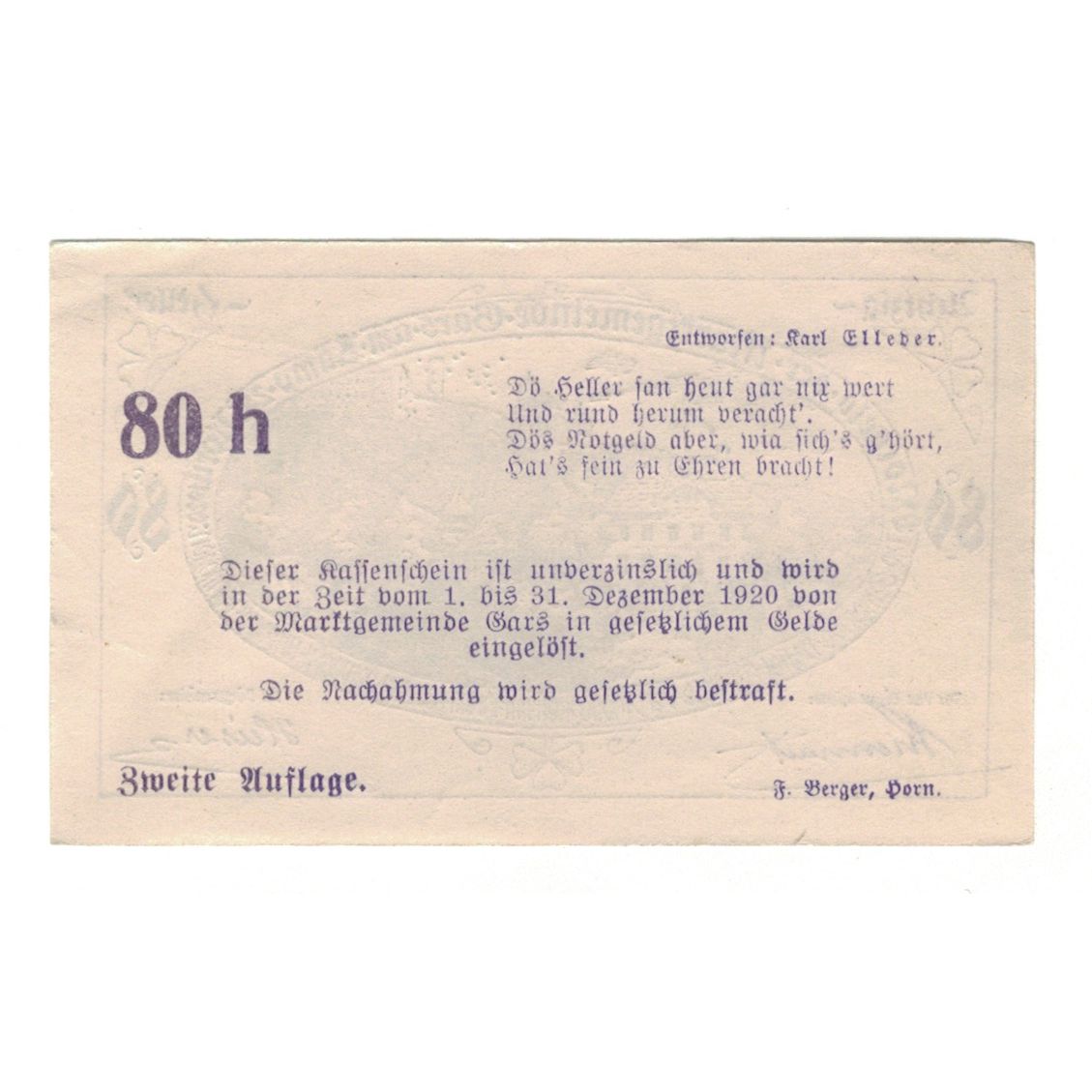 Billet, Autriche, Gars am Kamp N.Ö. Marktgemeinde, 80 Heller, texte 1, 1920