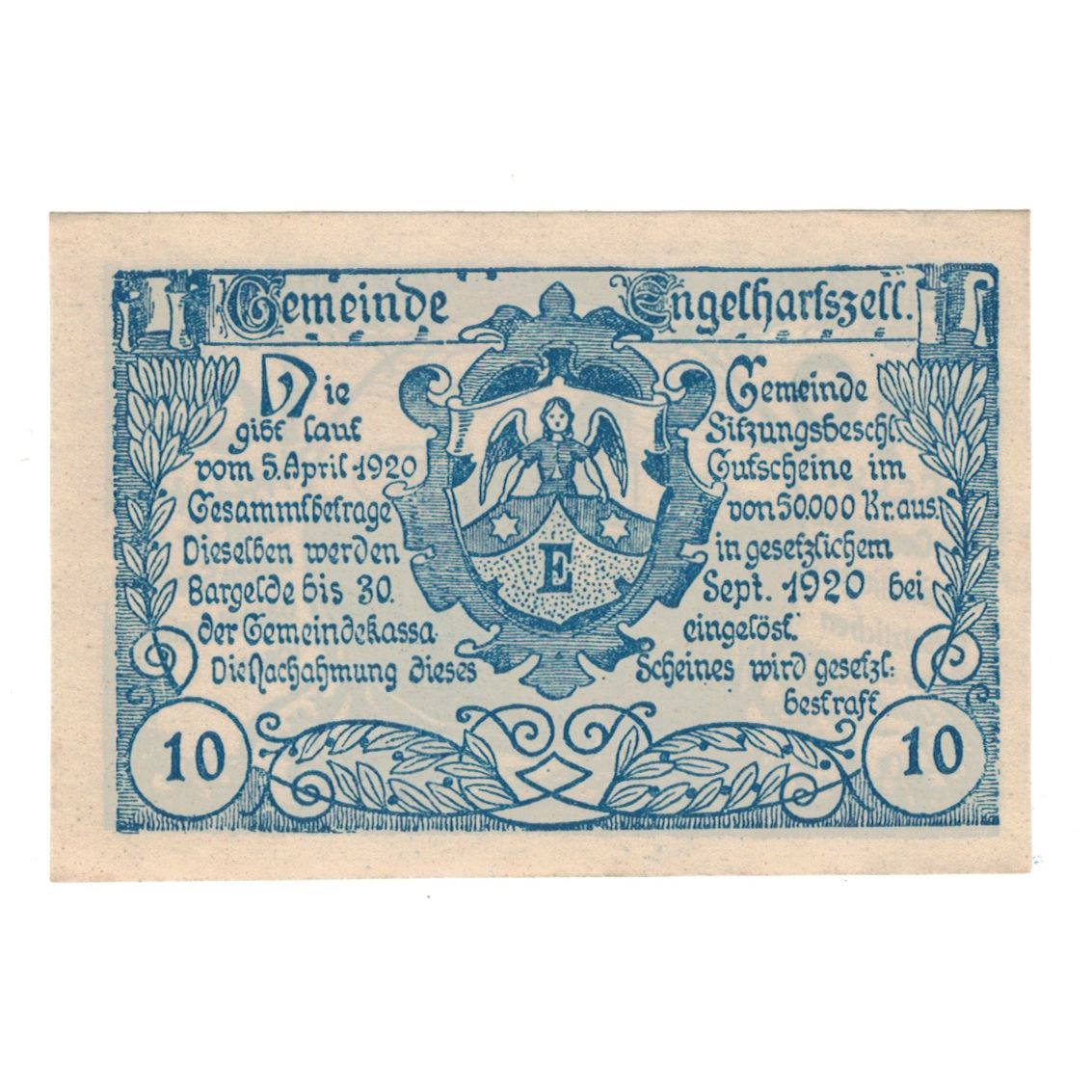Billet, Autriche, Engelhartszell O.Ö. Gemeinde, 10 Heller, Eglise, 1920