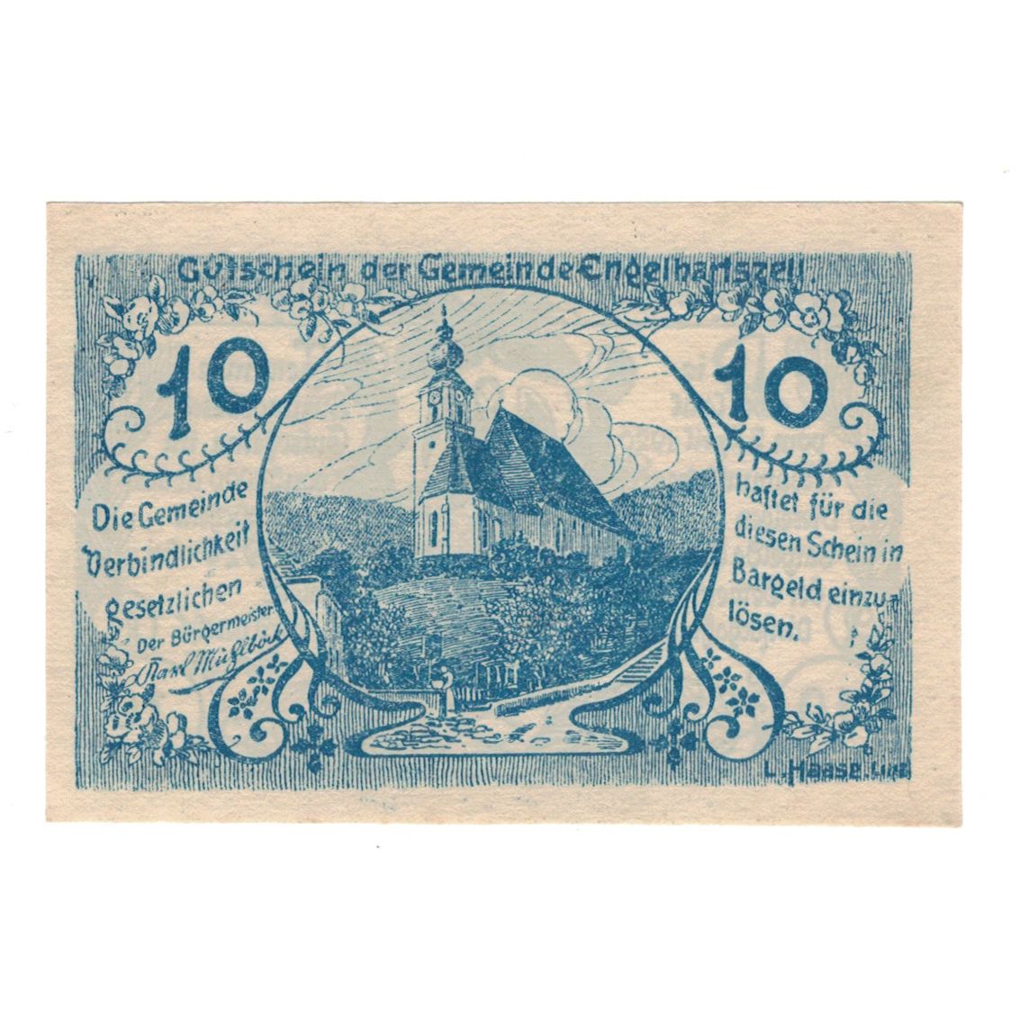 Billet, Autriche, Engelhartszell O.Ö. Gemeinde, 10 Heller, Eglise, 1920