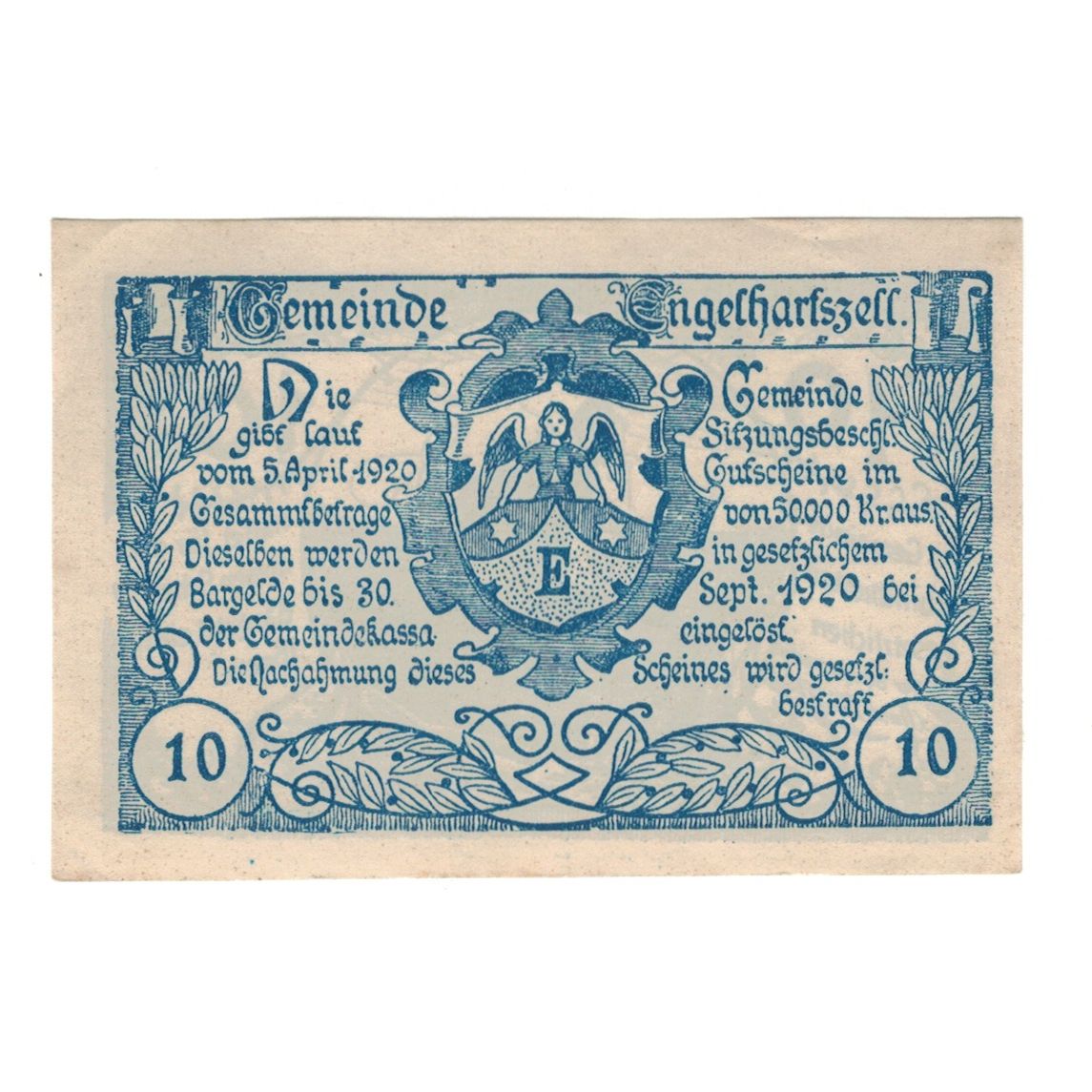 Billet, Autriche, Engelhartszell O.Ö. Gemeinde, 10 Heller, Eglise 1, 1920
