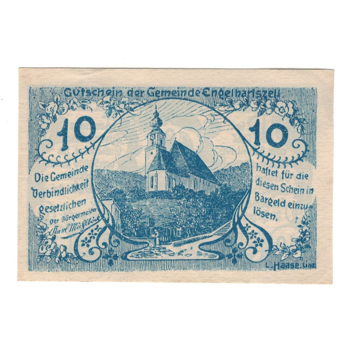 Billet, Autriche, Engelhartszell O.Ö. Gemeinde, 10 Heller, Eglise 1, 1920