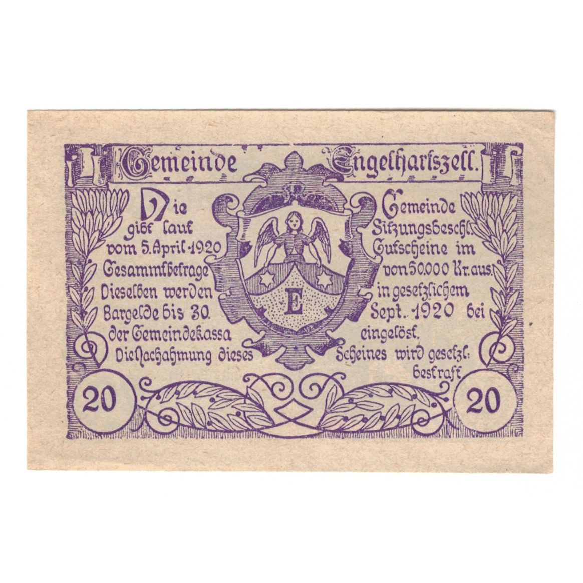 Billet, Autriche, Engelhartszell O.Ö. Gemeinde, 20 Heller, Eglise, 1920