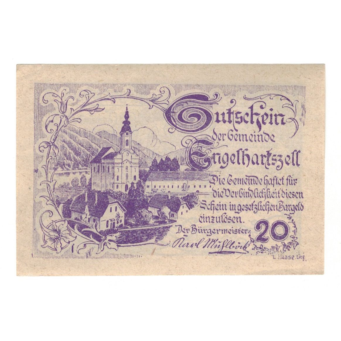 Billet, Autriche, Engelhartszell O.Ö. Gemeinde, 20 Heller, Eglise, 1920