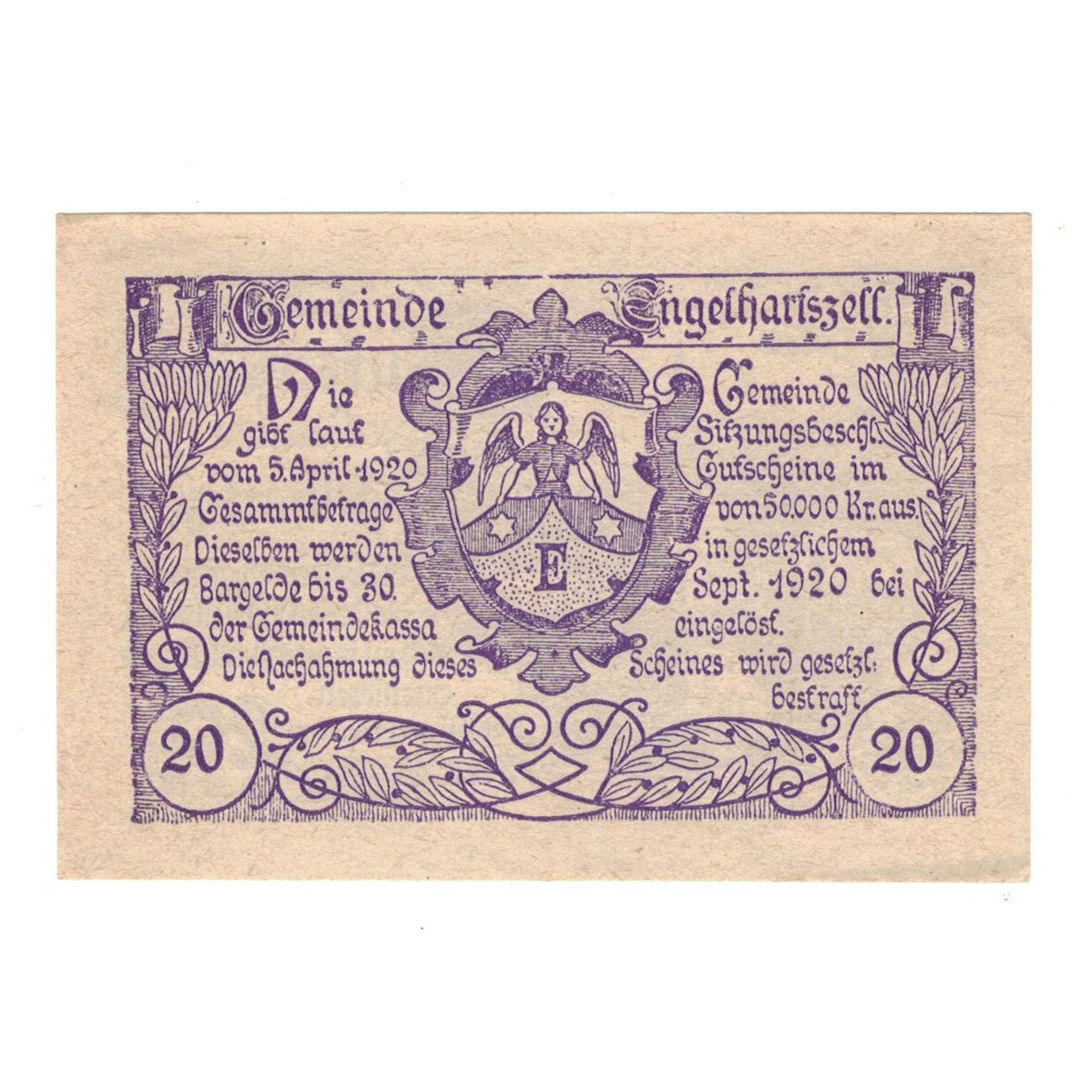 Billet, Autriche, Engelhartszell O.Ö. Gemeinde, 20 Heller, Eglise 1, 1920