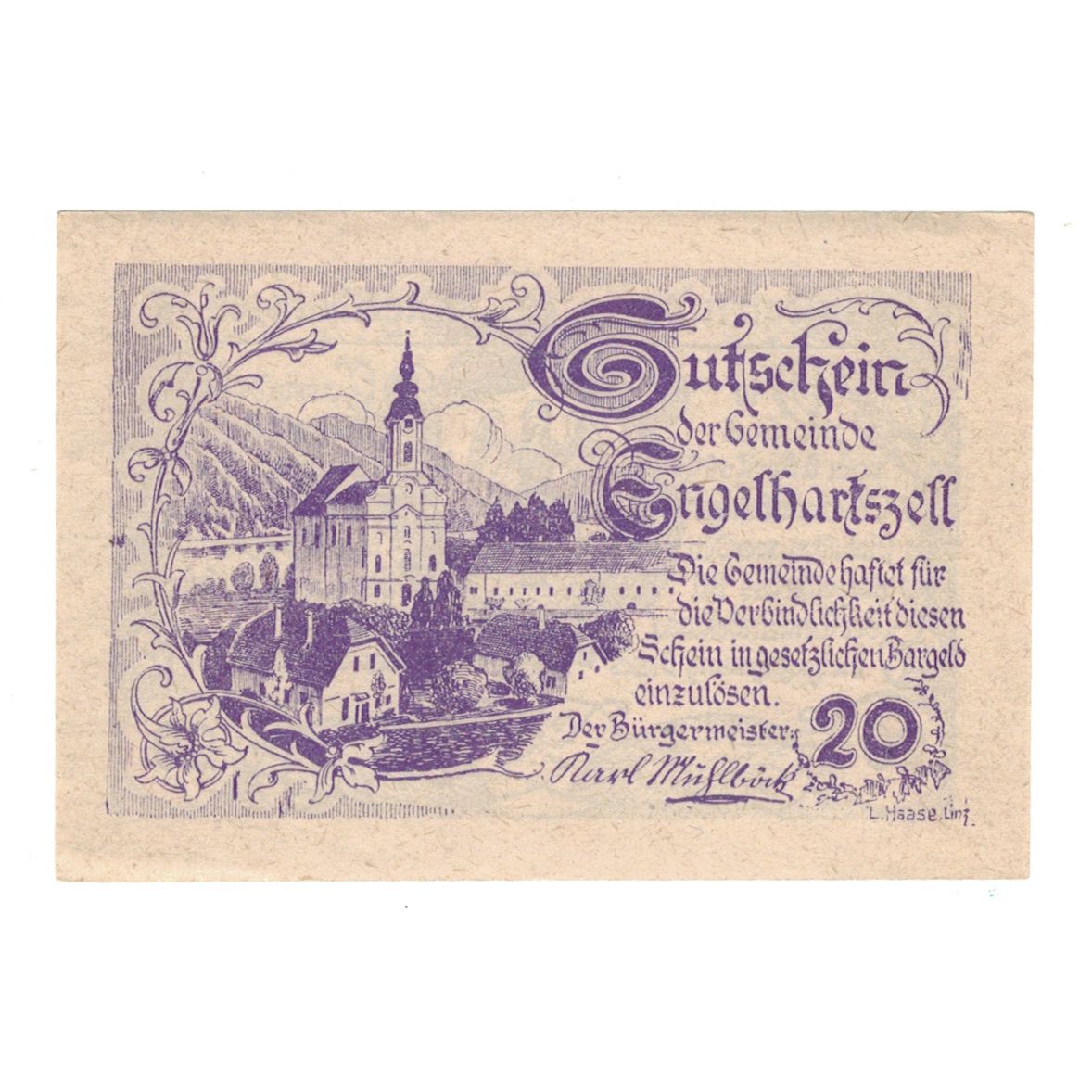 Billet, Autriche, Engelhartszell O.Ö. Gemeinde, 20 Heller, Eglise 1, 1920
