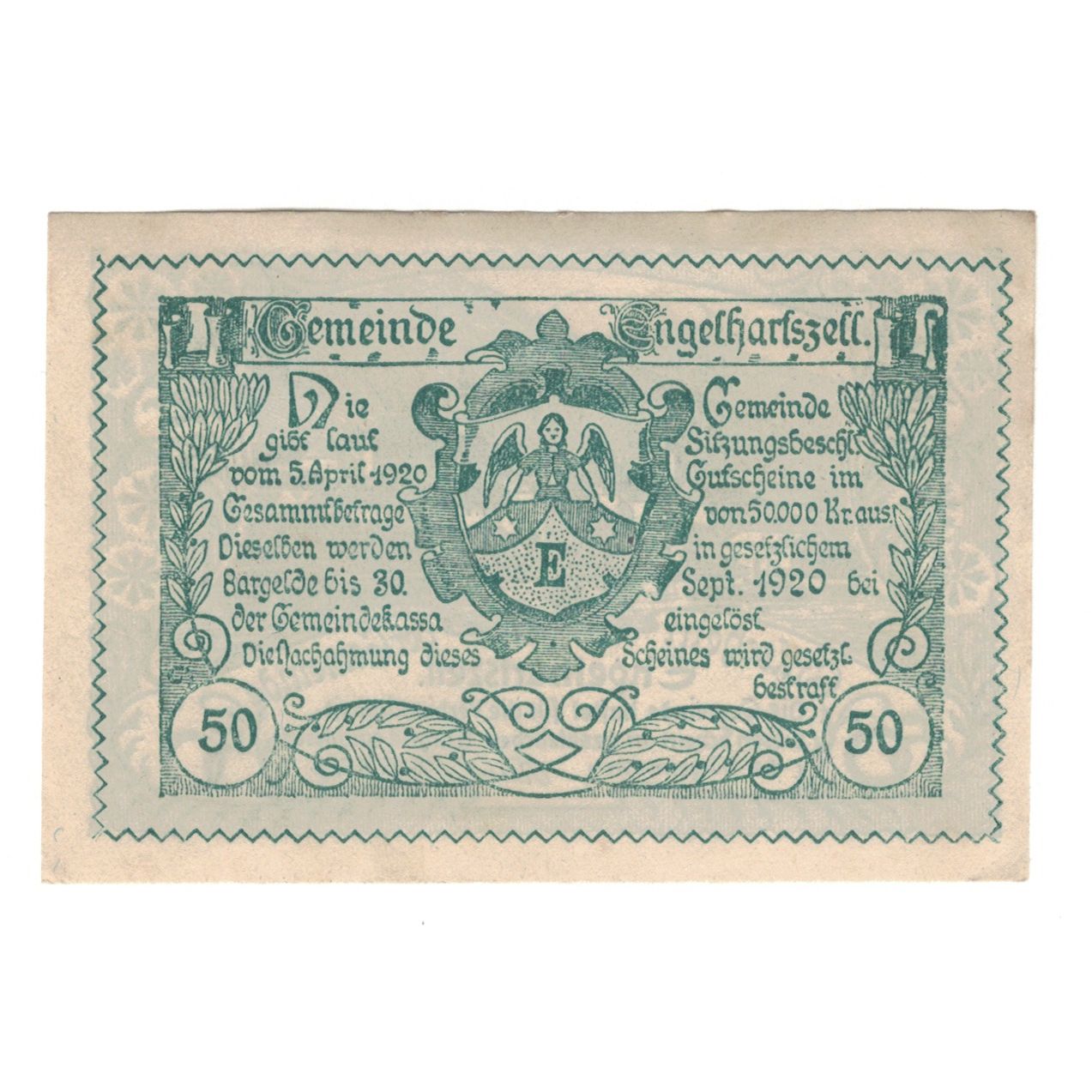 Billet, Autriche, Engelhartszell O.Ö. Gemeinde, 50 Heller, paysage, 1920