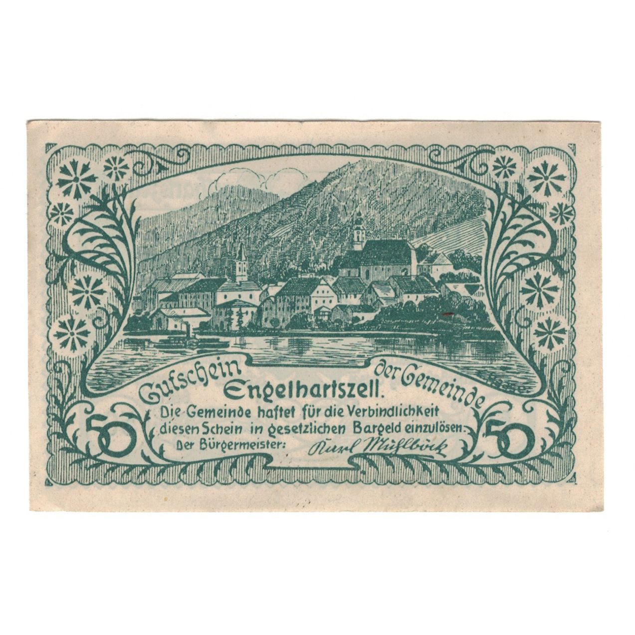 Billet, Autriche, Engelhartszell O.Ö. Gemeinde, 50 Heller, paysage, 1920