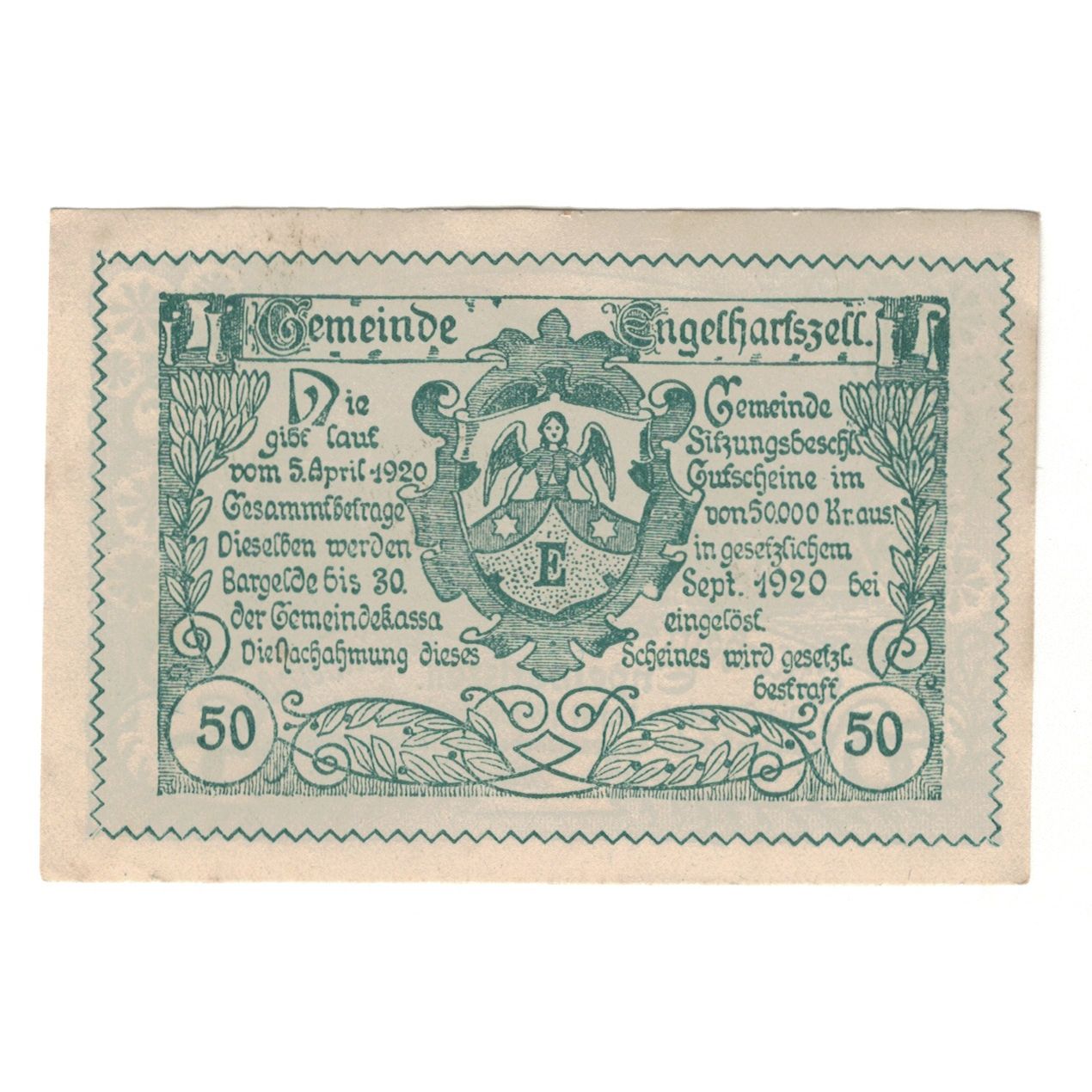 Billet, Autriche, Engelhartszell O.Ö. Gemeinde, 50 Heller, paysage 1, 1920