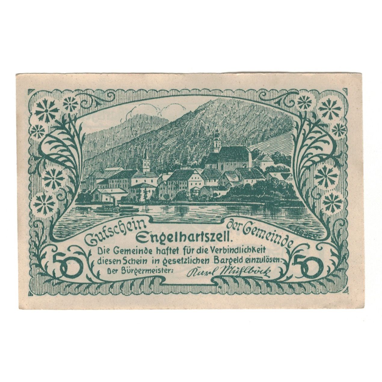 Billet, Autriche, Engelhartszell O.Ö. Gemeinde, 50 Heller, paysage 1, 1920