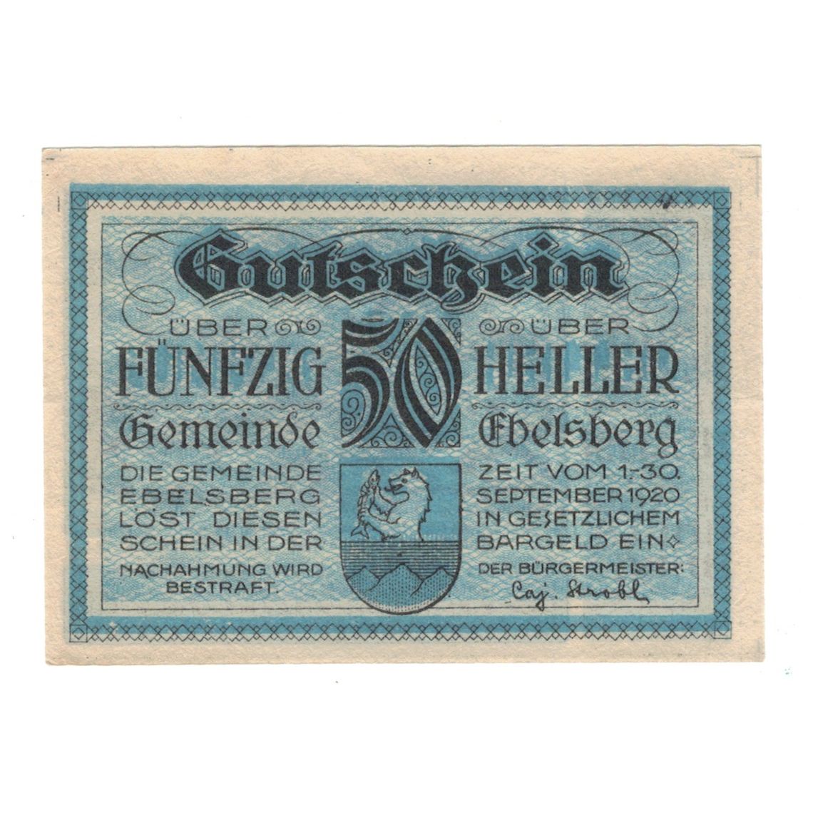 Billet, Autriche, Ebelsberg O.Ö. Gemeinde, 50 Heller, village, 1920